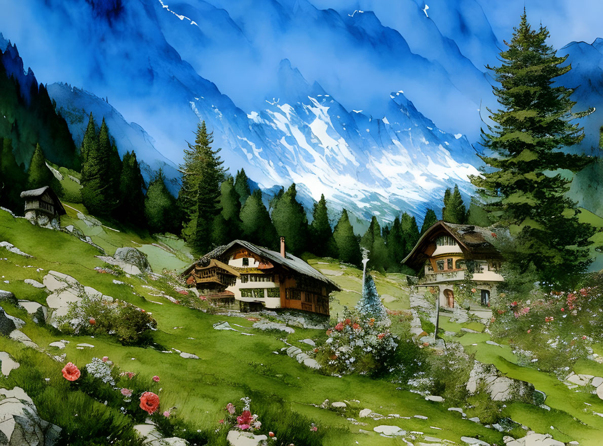 Scenic watercolor painting of a mountain village