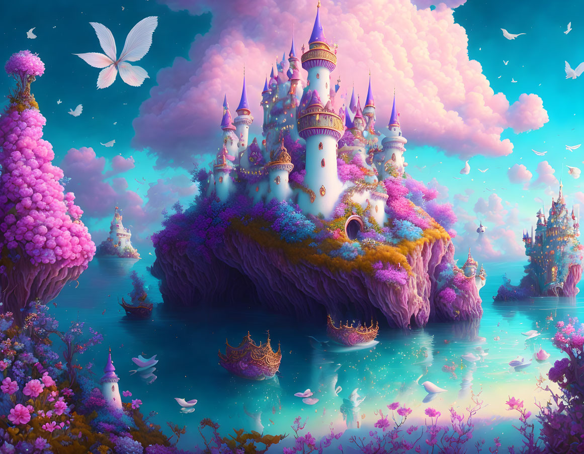 Fantastical castle on floating island with vivid blue sea and dreamy sky