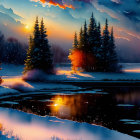 Snow-covered trees and reflective lake in serene winter landscape at dusk