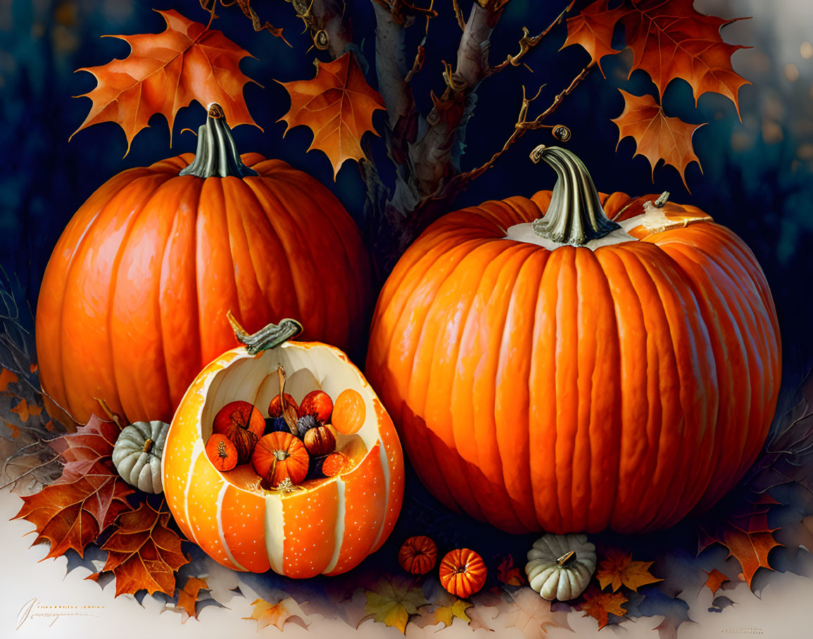 Three Carved Pumpkins Filled with Mini Pumpkins in Autumn Setting