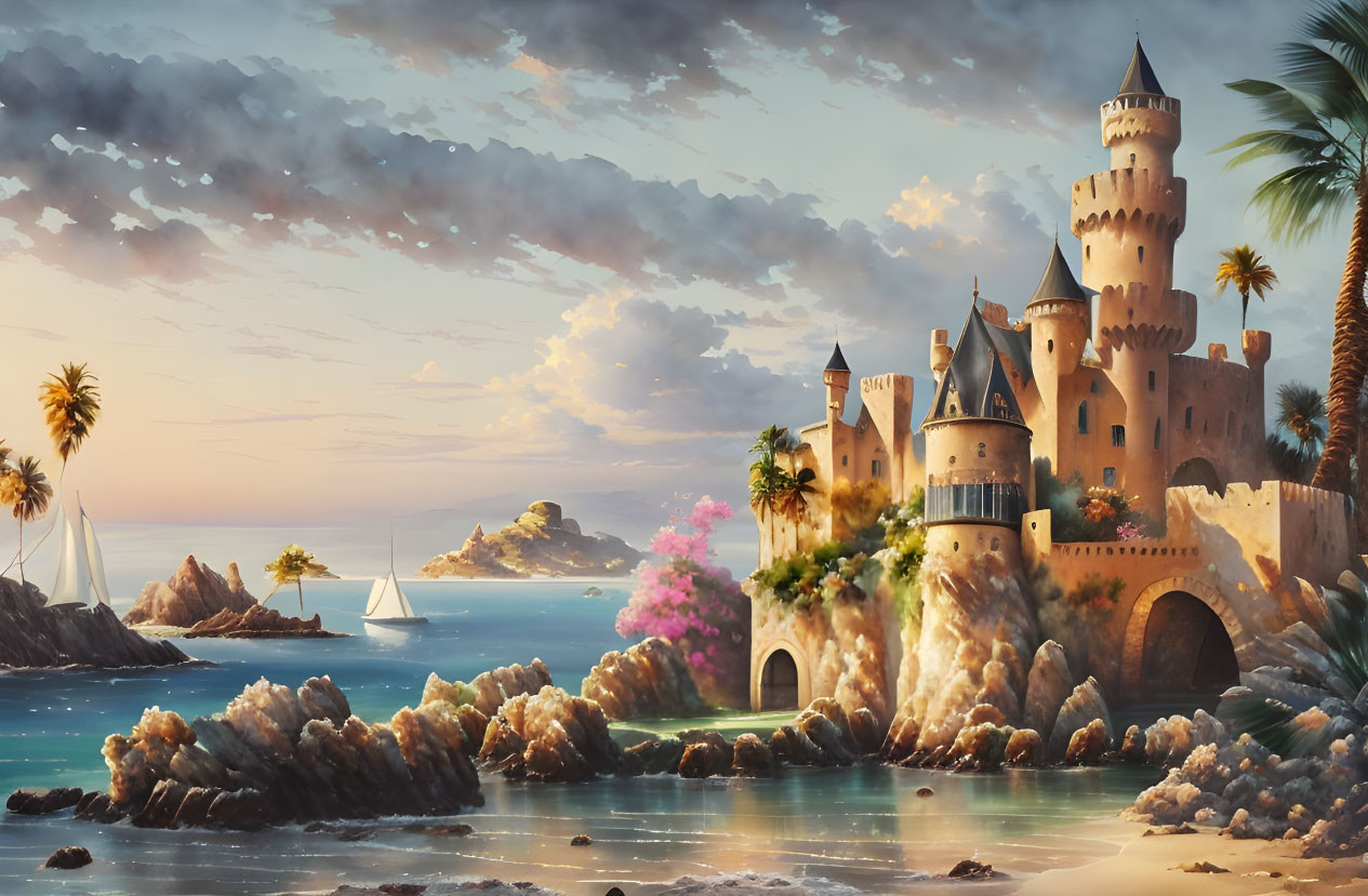 Grand castle by the sea at sunset with palm trees, rocky shores, and sailboat