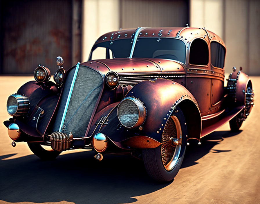 Rusted vintage car with circular headlights and riveted details