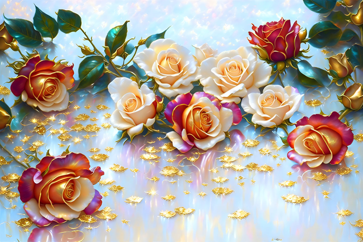 Colorful digital artwork: Roses in red, white, and yellow with golden accents on blue.