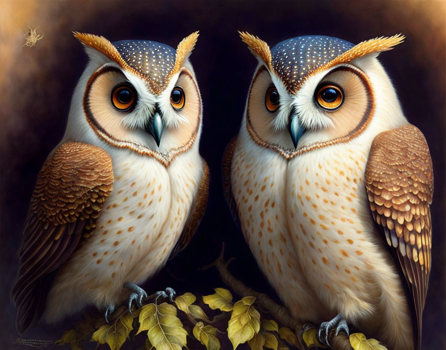 Realistic illustrated owls with feather patterns and orange eyes on dark background