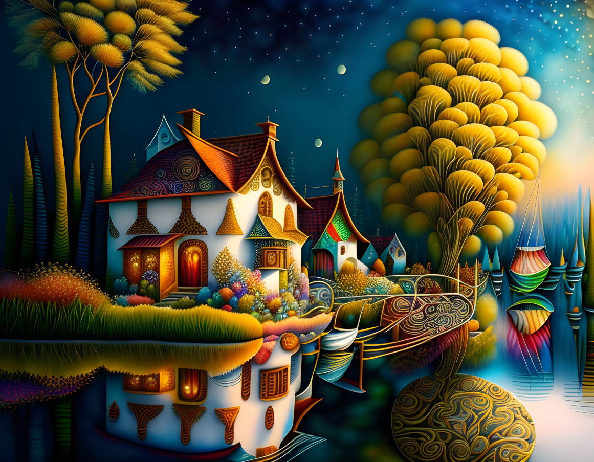 Colorful Fantasy Landscape with Cottage House in Vibrant Setting