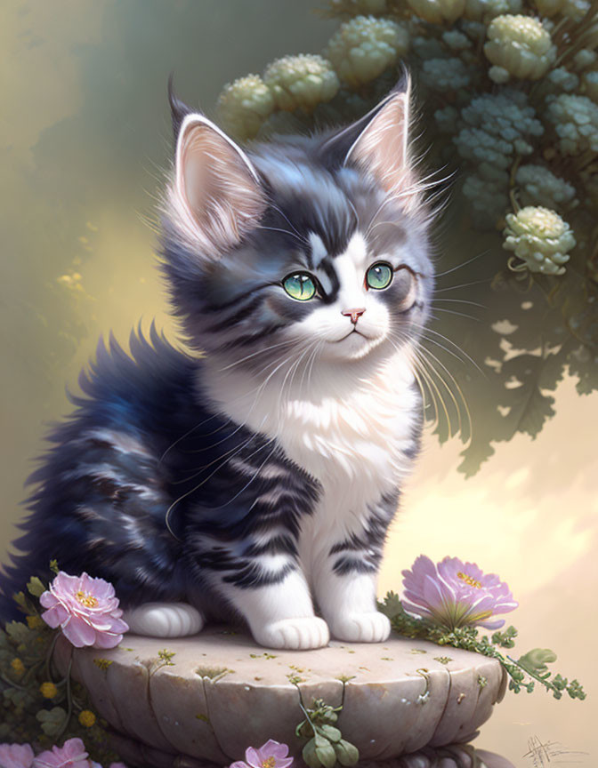 Fluffy black and white kitten with green eyes in nature scene