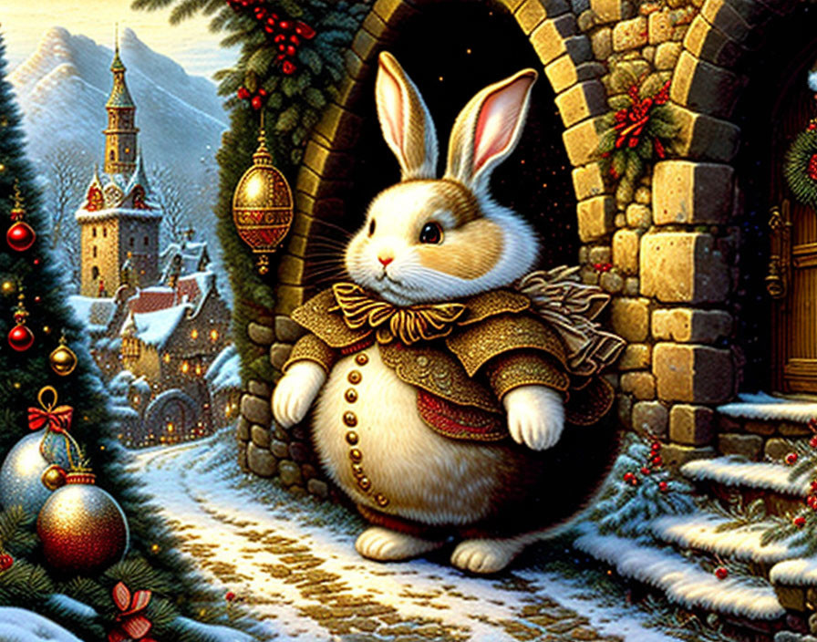 Anthropomorphic rabbit in festive attire by stone archway with Christmas decorations, snow-covered village in background