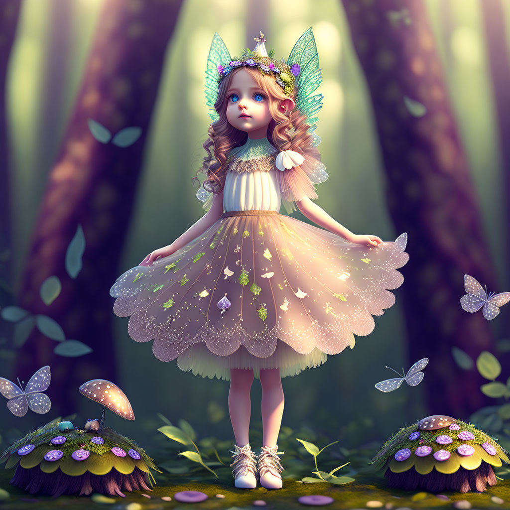 Whimsical fairy girl in forest with intricate wings