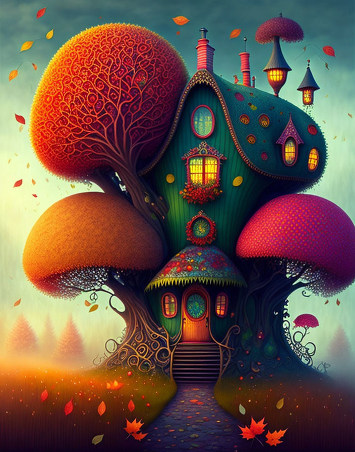 Colorful Mushroom-Capped Treehouse in Autumn Twilight