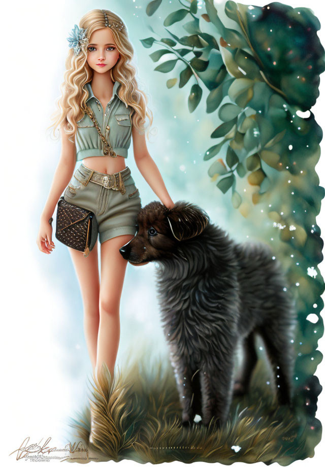 Digital illustration: Young woman with blond hair, stylish outfit, black dog, foliage background