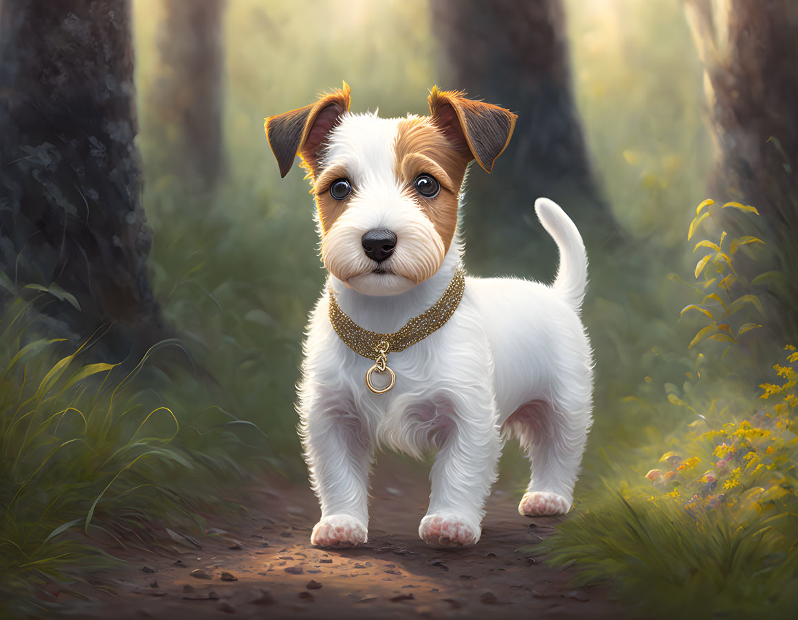 White and Brown Puppy with Golden Collar in Forest Setting