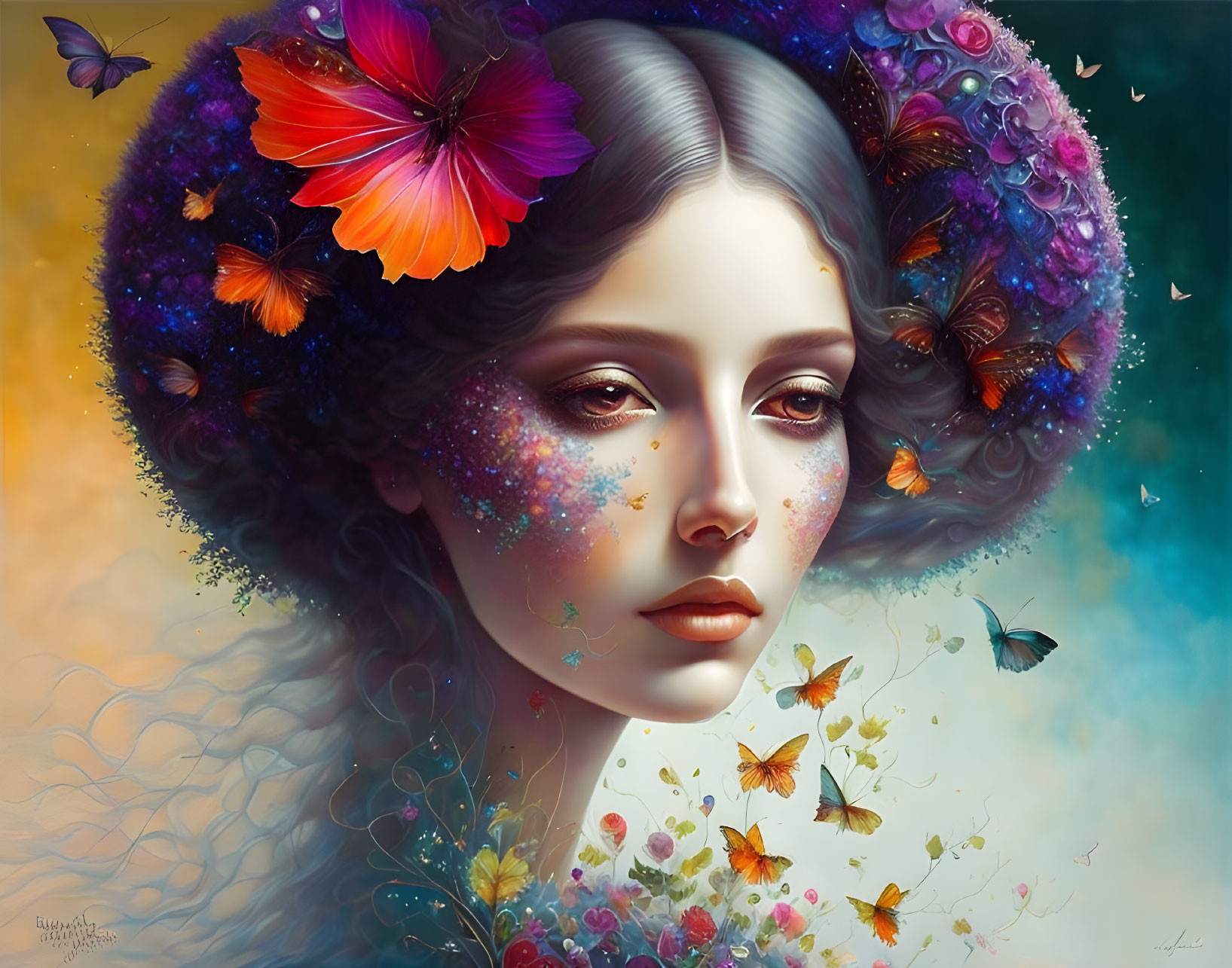 Colorful digital artwork: Woman adorned with floral and butterfly motifs