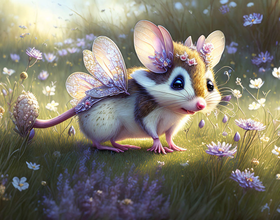 Illustration of winged mouse in blooming meadow