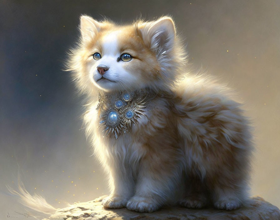 Cream-Colored Fantasy Fox with Blue Eyes and Necklace in Soft-Lit Setting