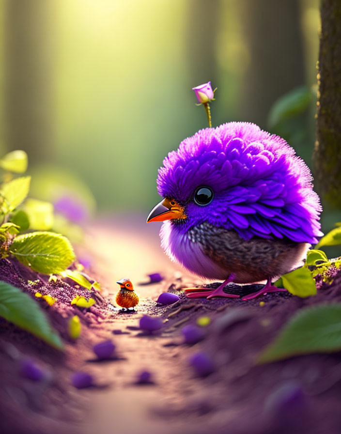 Purple cartoon bird with flower hat and mini version in forest with sunbeams