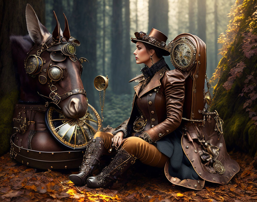 Steampunk woman and mechanical horse in forest setting