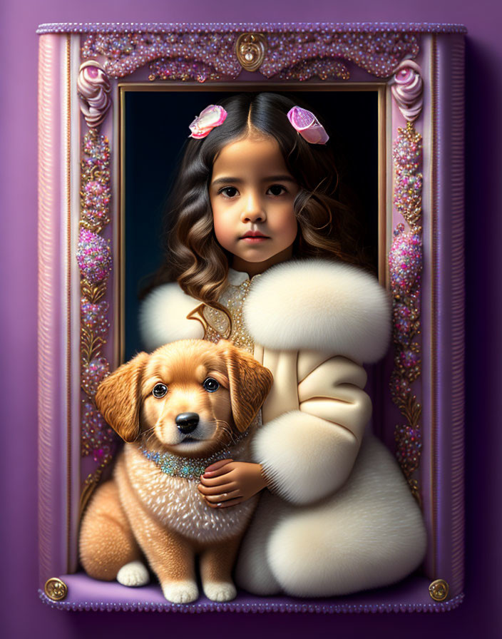 Young girl in white fur coat with small dog in ornate purple frame