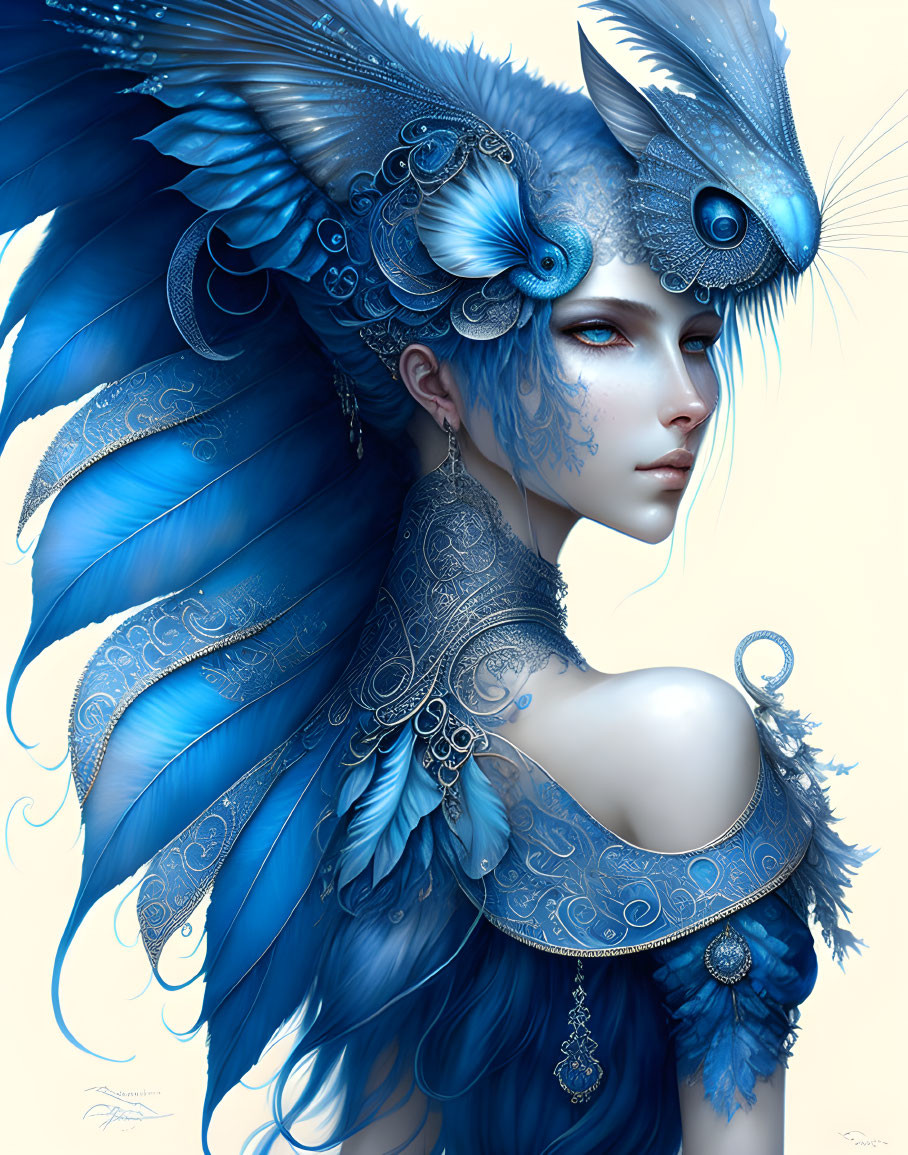 Blue-skinned person with elaborate feathered headdress and ornate patterns.