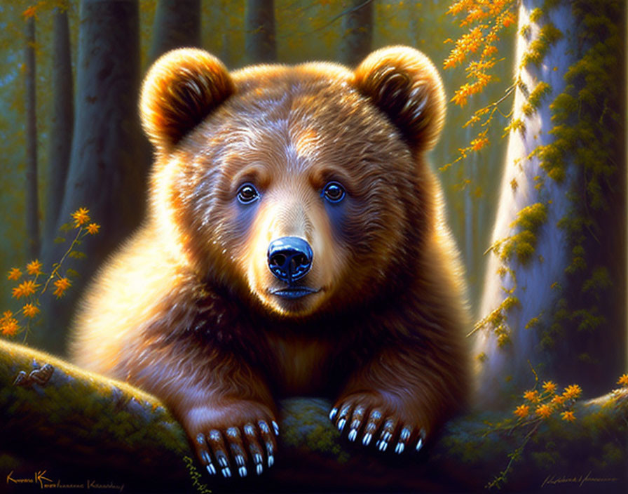 Detailed painting of brown bear with blue eyes in sunlit forest