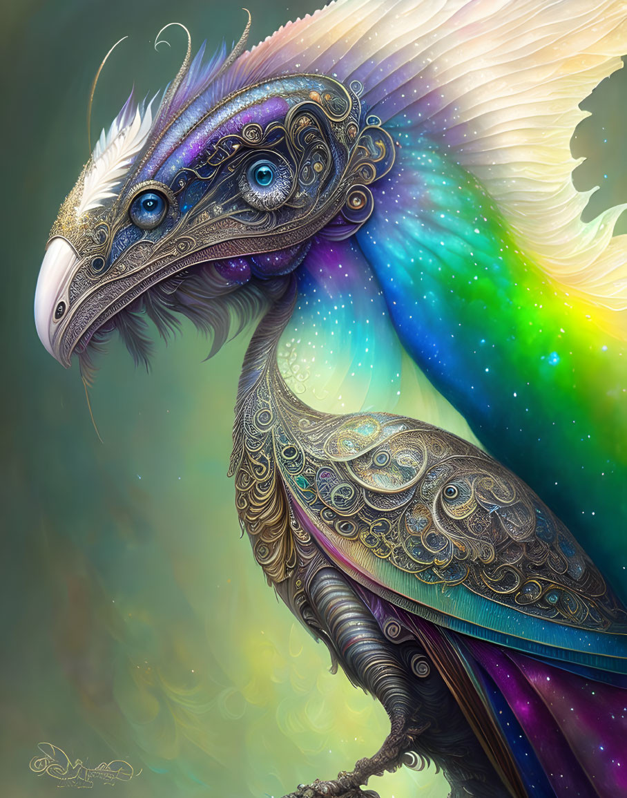 Mythical bird with galaxy body, intricate feathers, mask-like beak