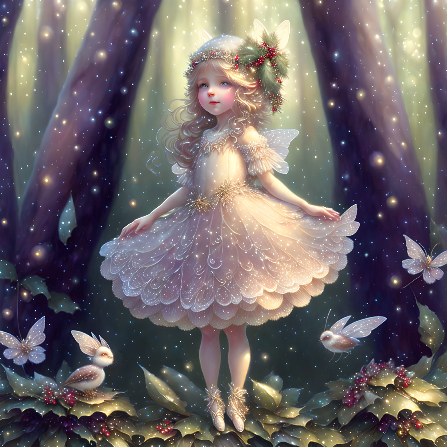 Young girl with angelic wings in white frock, magical forest setting with butterflies