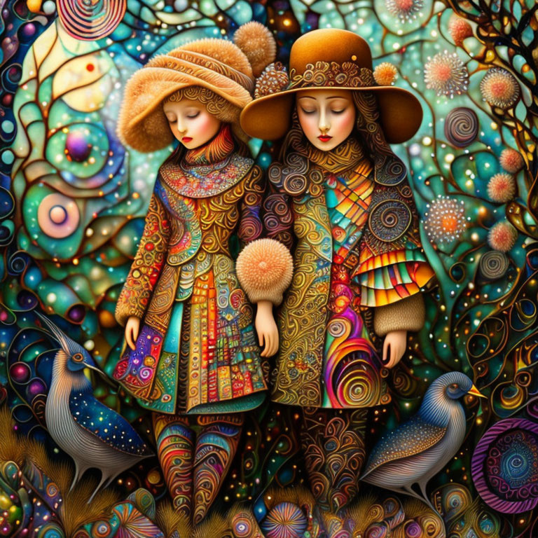 Colorful Stylized Figures Amidst Vibrant Nature Backdrop