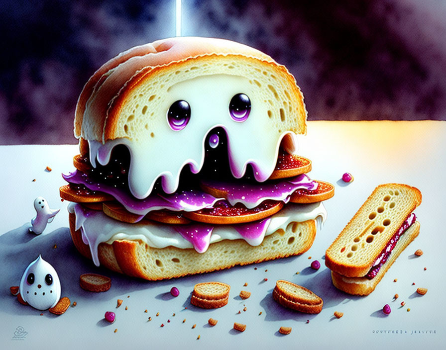 Colorful Anthropomorphic Sandwich with Filling and Candy Illustration