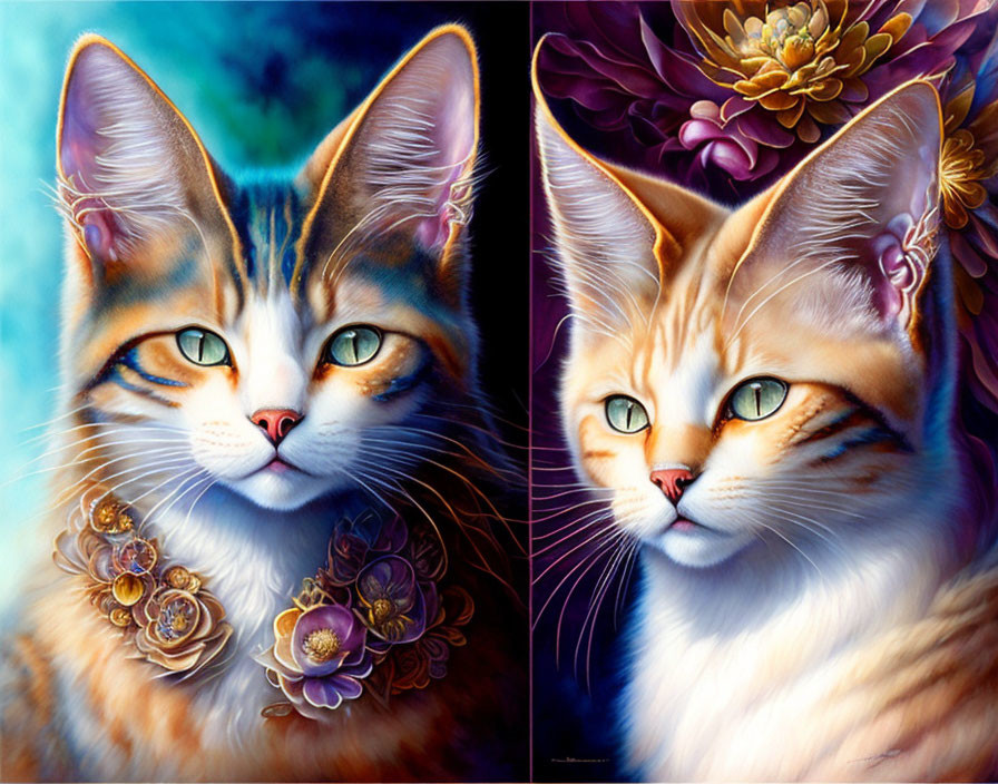 Colorful Cats with Floral Necklaces in Vibrant Illustration