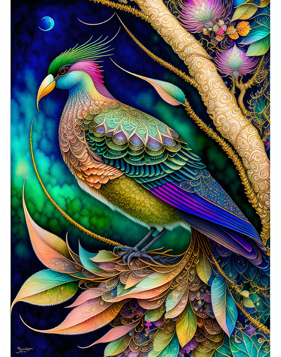 Colorful mythical bird illustration on floral branch under crescent moon