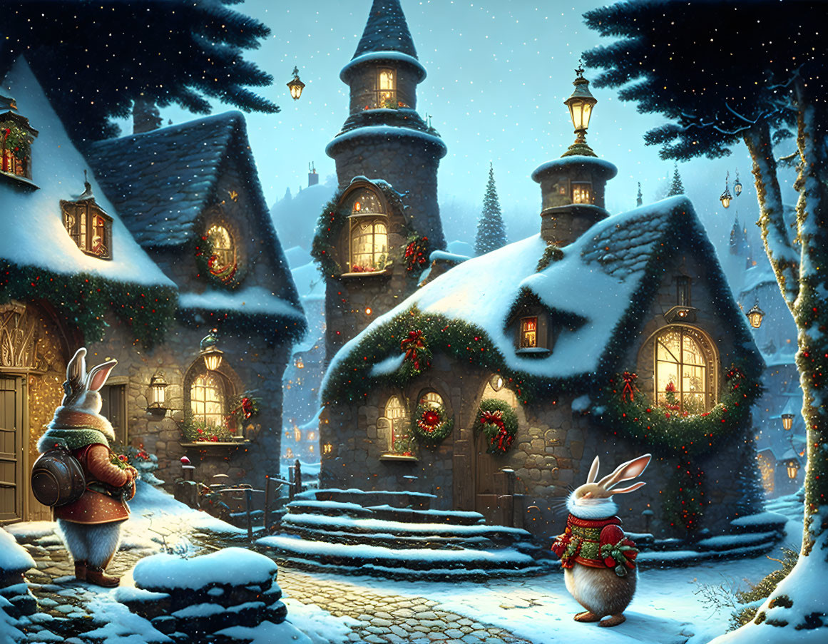 Anthropomorphic rabbits in winter village under twilight sky