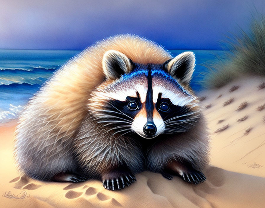 Realistic painting: Raccoon on sandy beach with blue ocean