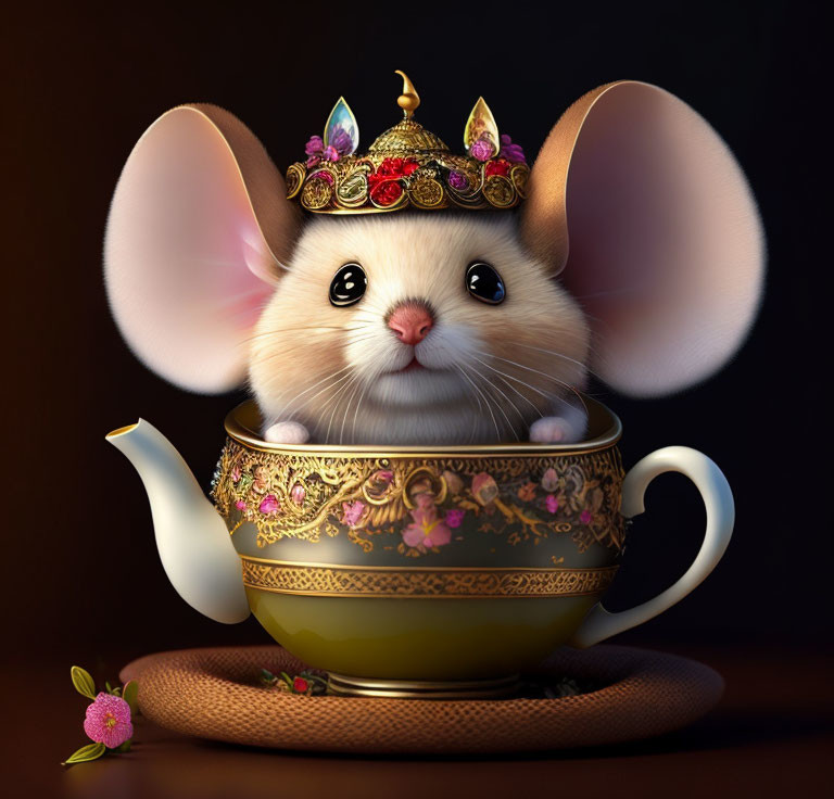 Illustrated mouse with jeweled crown in golden teapot with pink flower