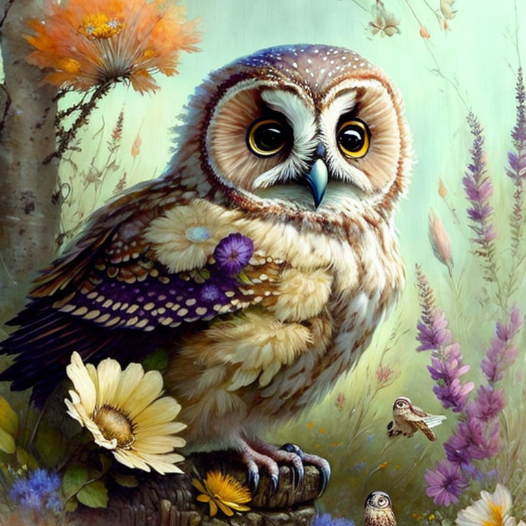 Whimsical owl surrounded by flowers and birds in enchanted forest