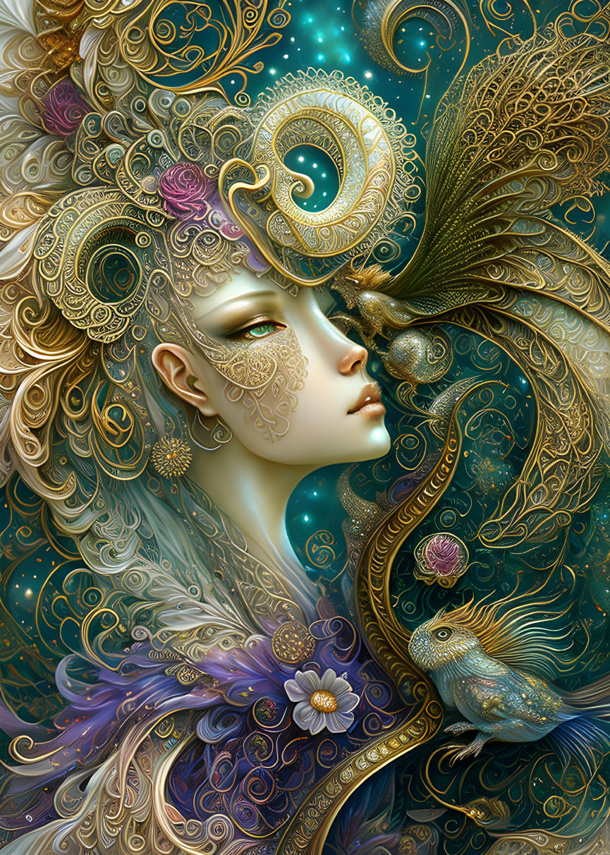 Fantasy-themed illustration of woman with golden headdresses, peacock, and celestial motifs