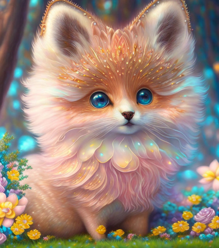 Fluffy kitten in enchanted forest with blooming flowers