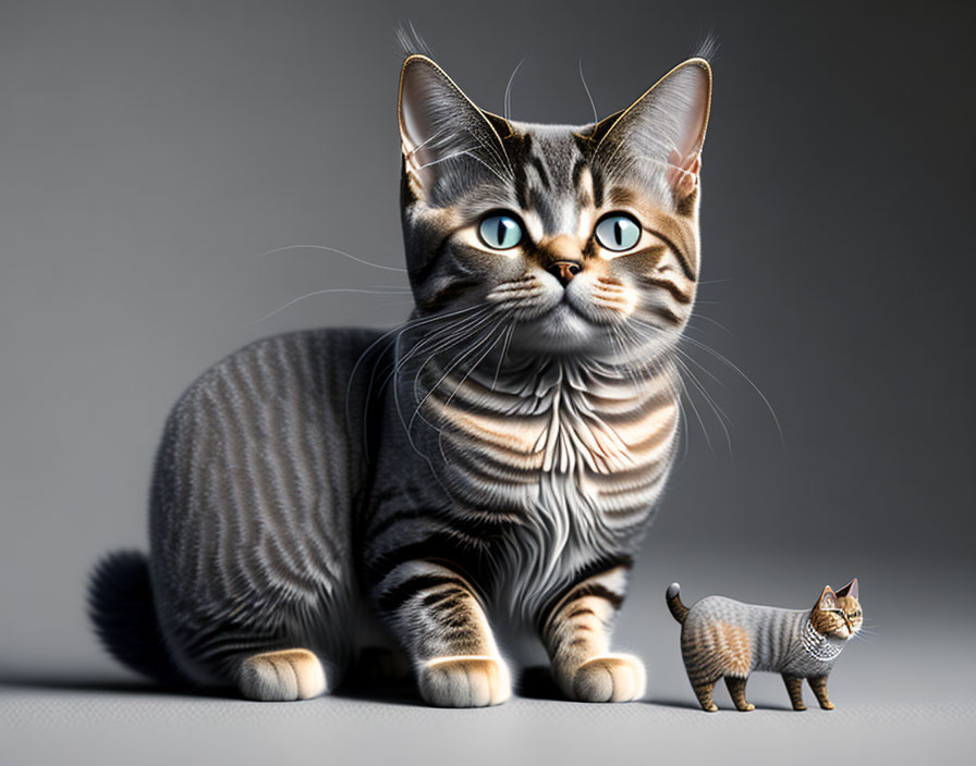 Realistic cat with blue eyes next to miniature version on grey background