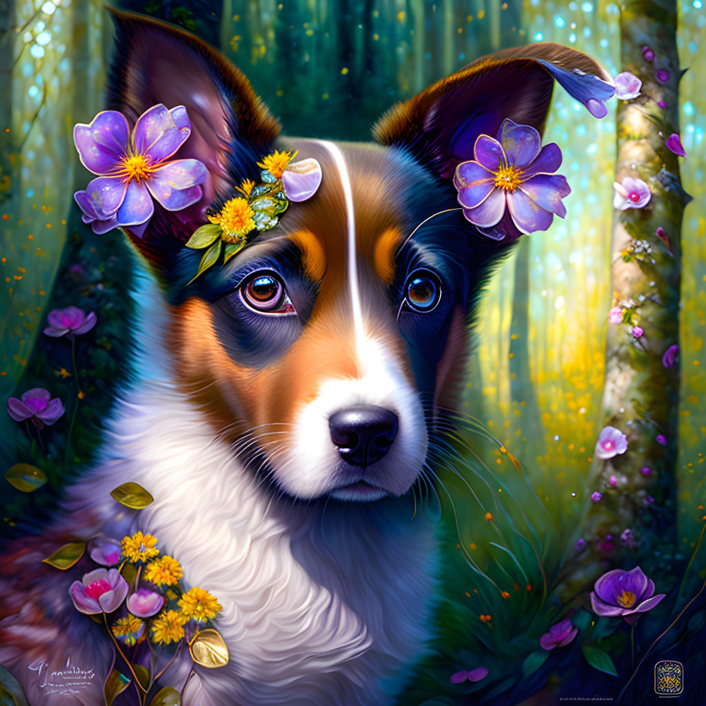 Tricolor dog with floral headpiece in magical forest