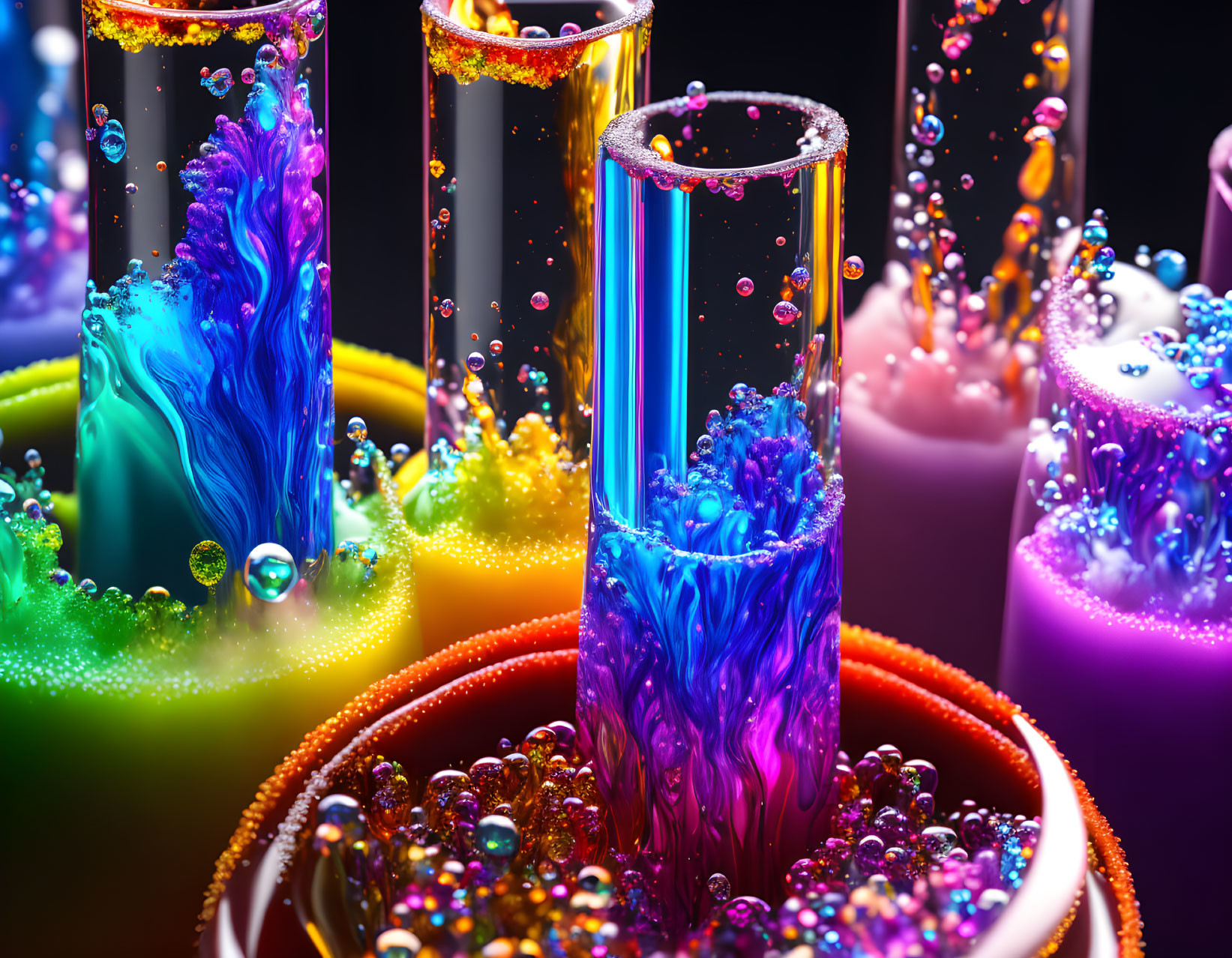 Colorful bubbling liquids in test tubes on dark background