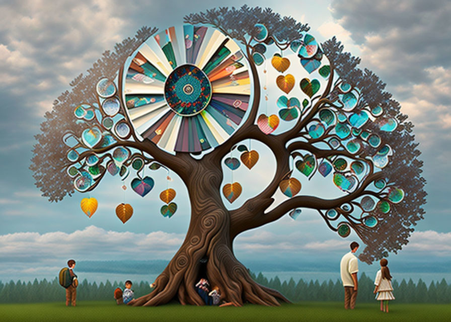 Colorful circular art piece in whimsical tree scene with onlookers