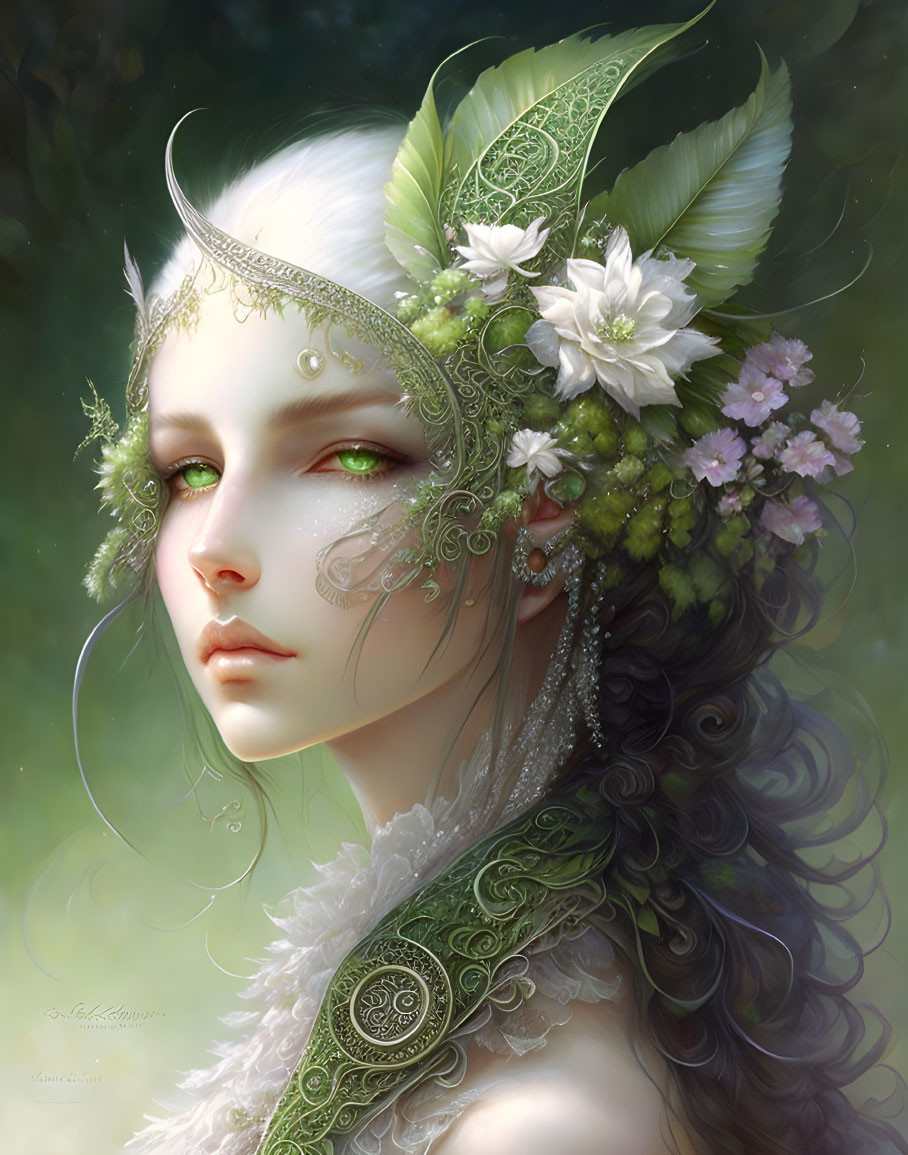 Fantasy character digital art: pale skin, green and white headpiece with leaves, flowers, fil