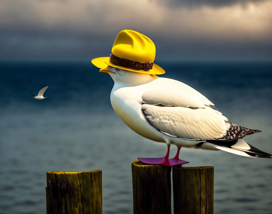 Seagull with hard hat and high heels perched by the sea