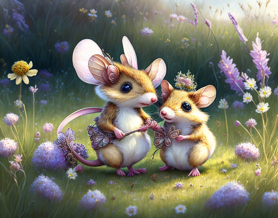 Anthropomorphic mice with butterfly wings in flower-filled field.