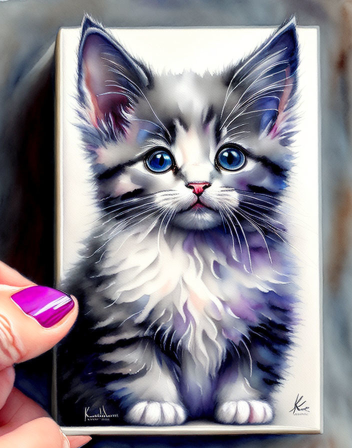 Realistic painting of fluffy gray and white kitten with blue eyes and pink nose