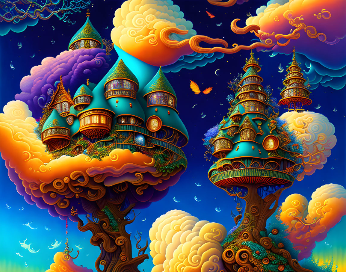 Fantastical tree-like structures with whimsical buildings under colorful sky