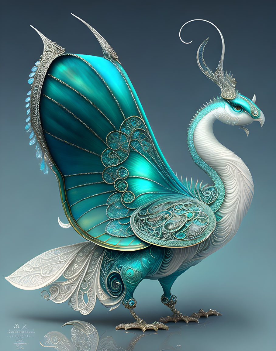 Majestic digital artwork of a fantastical peacock with teal and gold plumage