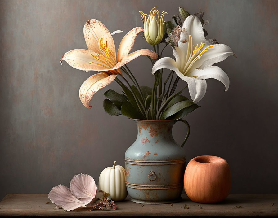 Blooming lilies in rustic vase with pumpkins and dried leaf on wooden surface