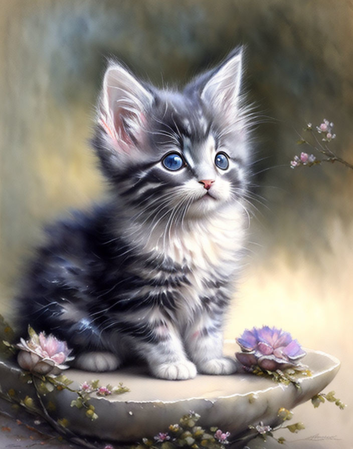 Gray and White Kitten with Blue Eyes Surrounded by Pink Flowers