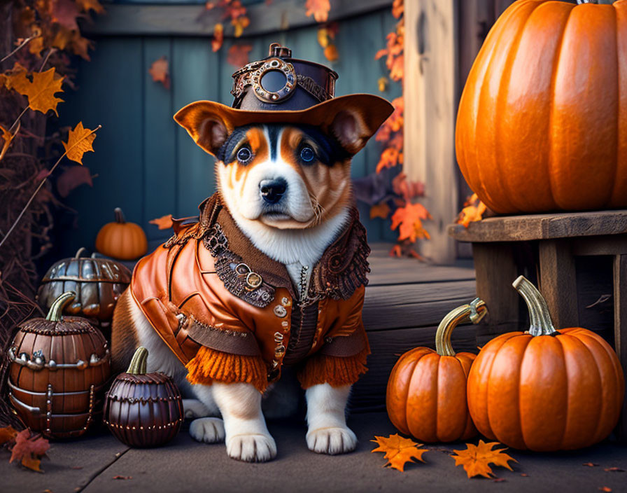 Steampunk Outfit Corgi Puppy Among Pumpkins and Leaves