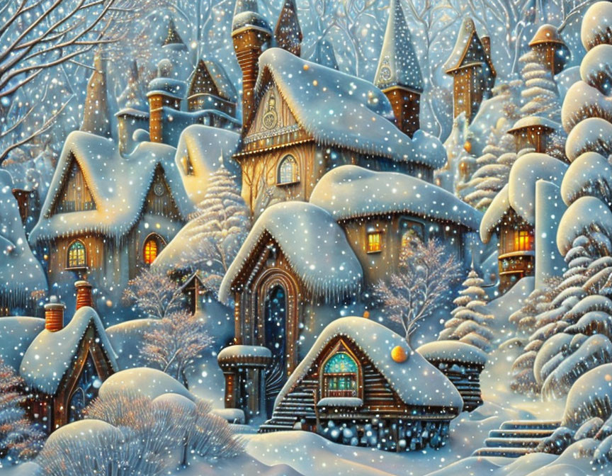 Snow-covered winter village with cozy cottages and snow-laden trees