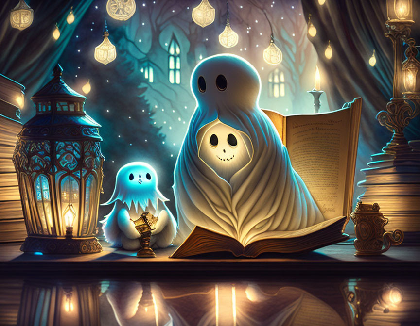 Three cute ghost characters reading a book under glowing lanterns in mystical setting